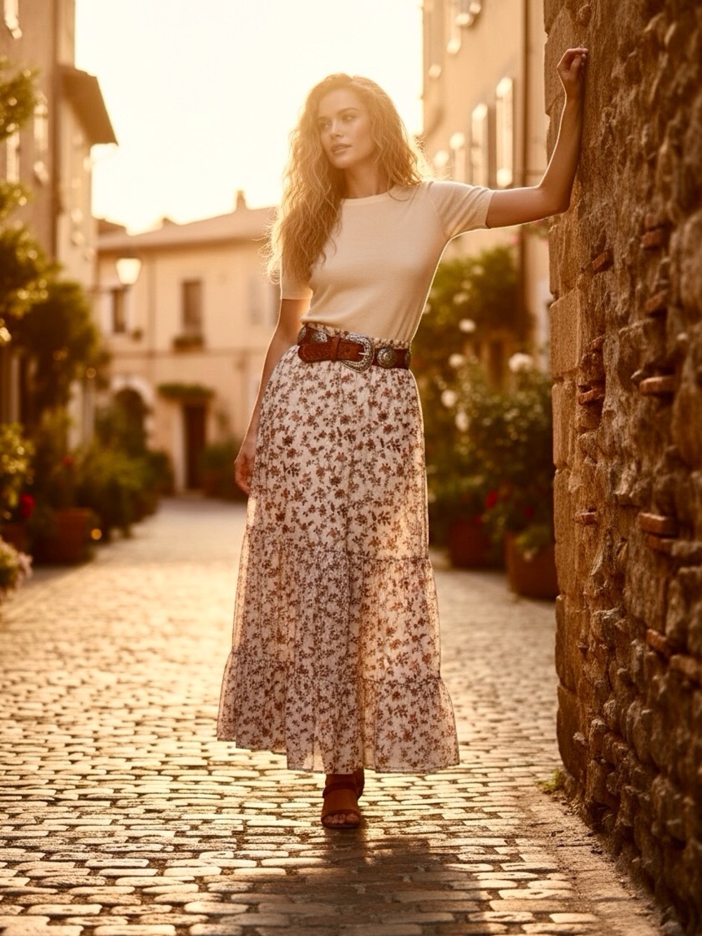 Denim & Supply Ralph Lauren Cream Maxi Skirt with Red Floral Print - Picture 2 of 7